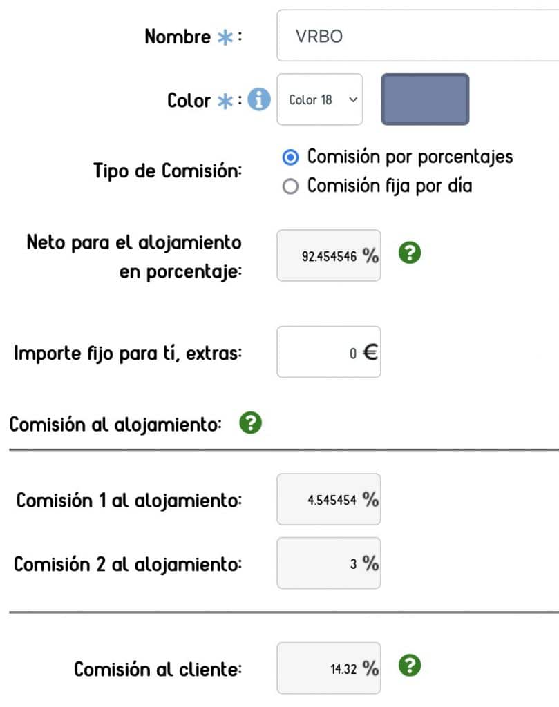 Configuración para calcular la comisión de las OTAs: VRBO