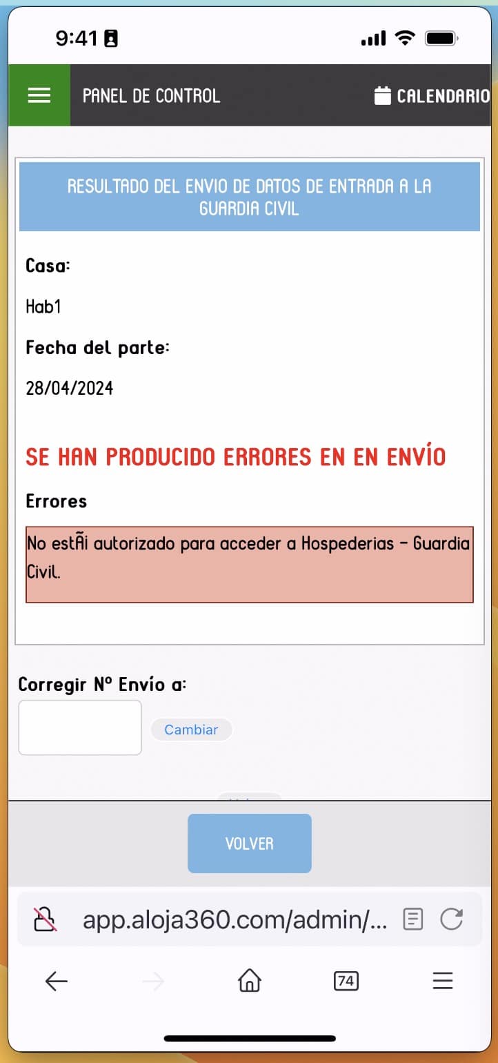 Lista de errores de Hospederías