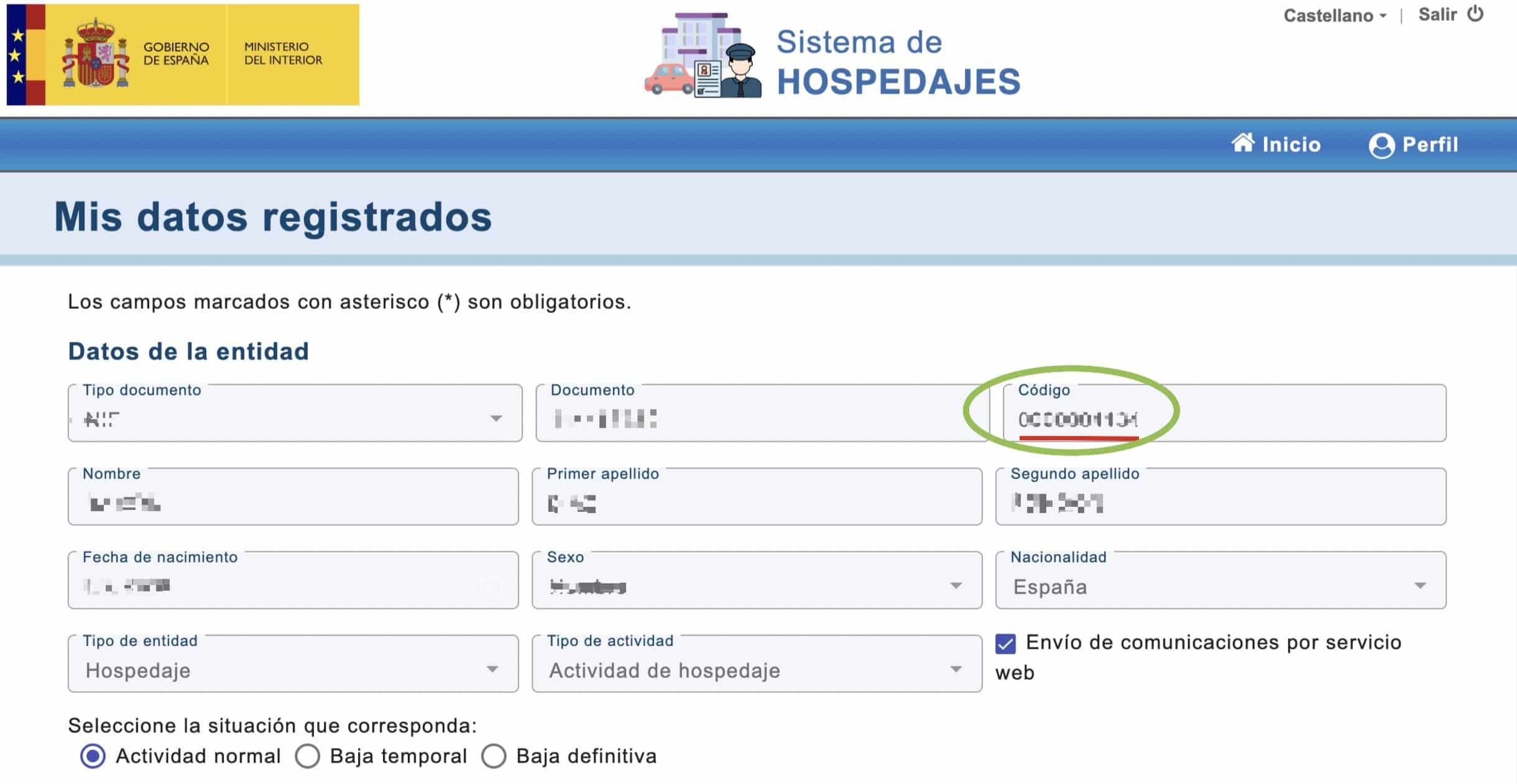 CÓDIGO de la  ENTIDAD para el parte de viajeros en SES.HOSPEDAJES